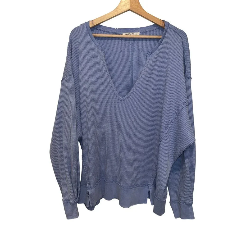 Free People Coraline Blue Waffle Knit V-Neck Oversized Pullover Sweater Medium